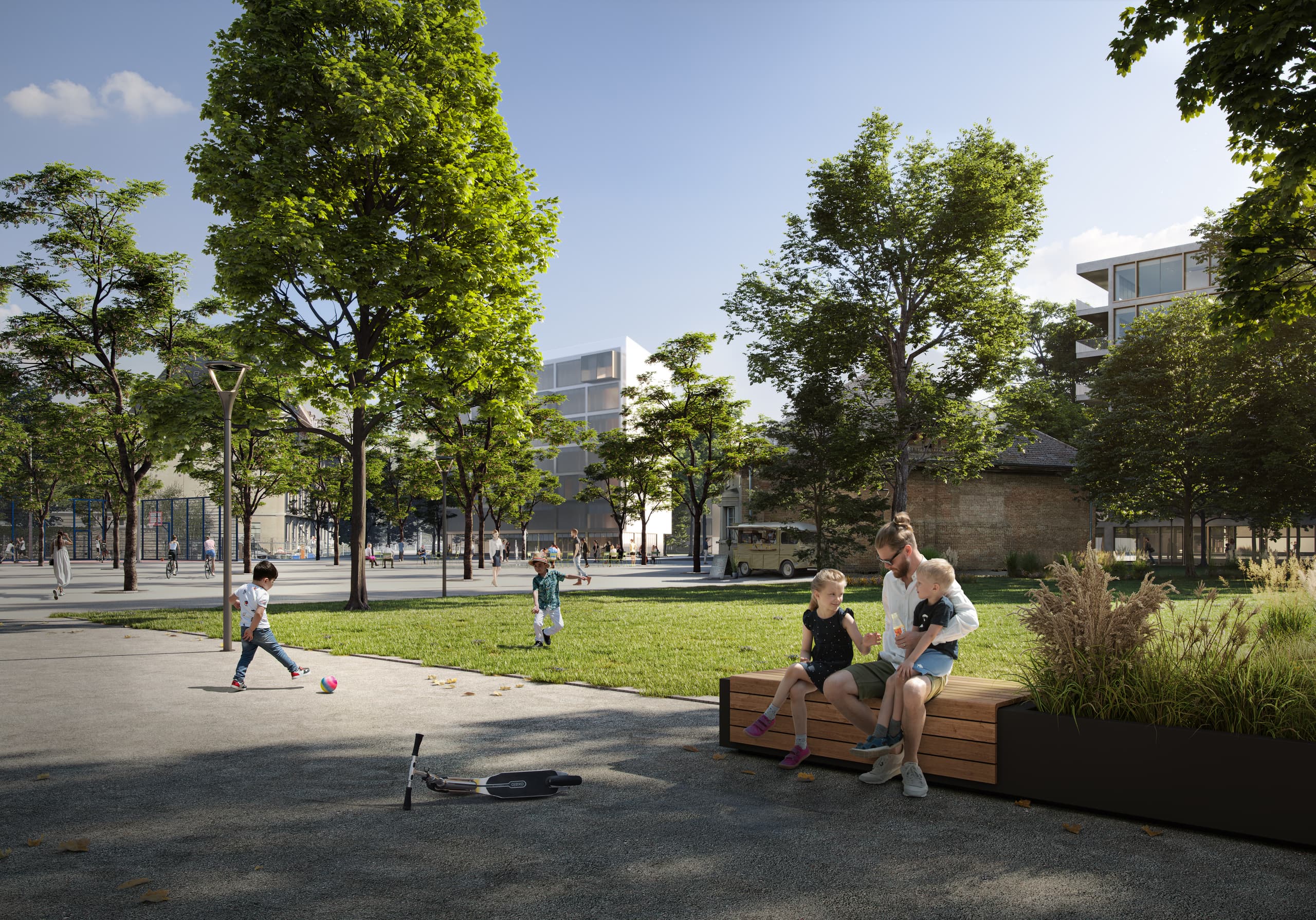 Ansicht einer grosszügigen Parkfläche mit spielenden Kindern im Neuen Klybeck in Basel